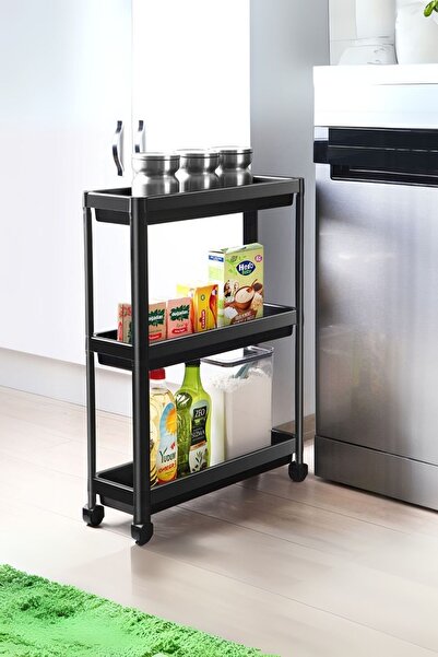 Hesaplı Kasa 3 Katlı Tekerlekli Siyah Mutfak Rafı, Kitaplık, Düzenleyici Açık...