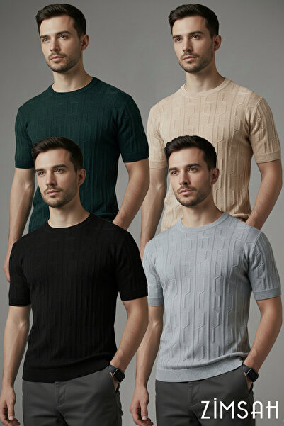 Zimsah Πλεκτό Crew Neck Πλεκτό Ανδρικό T-shirt με μοτίβο 4 τεμαχίων Μαύρο Γκρ...