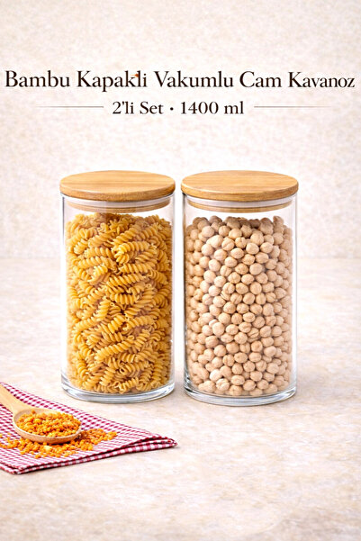 Tilbe Home 2'li Bakliyat Saklama Kabı Bambu Kapaklı Cam Kavanoz Vakumlu Bahar...