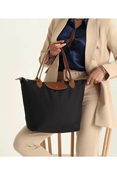 timelessbag Geantă de mână neagră pliabilă cu fermoar pentru femei, din mater...