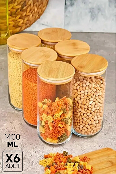 Tilbe Home 6'lı Bakliyat Saklama Kabı Bambu Kapaklı Cam Kavanoz Vakumlu Bahar...