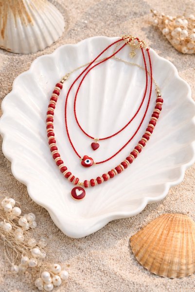 Yağmur Necklace Combination Red Heart Valentine's Day Gift Set of 3 Summer Vacation Beach Sand and Wooden Beads