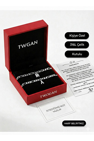 TWOGAN Kararmaz Çelik İkili Zincir Harfli Sevgili/ Çift Bileklik Harf ve Aşkı...