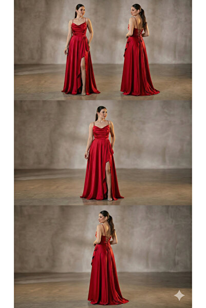 gry wear Kadın Degaje Yaka Sırt Dekolteli Saten Abiye Elbise