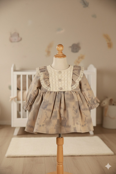 Uniq Baby Naturel Dantel İşlemeli Kız Bebek Vintage Elbise