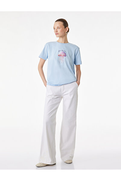 Koton Βαμβακερό μπλουζάκι με κοντό μανίκι με λαιμόκοψη