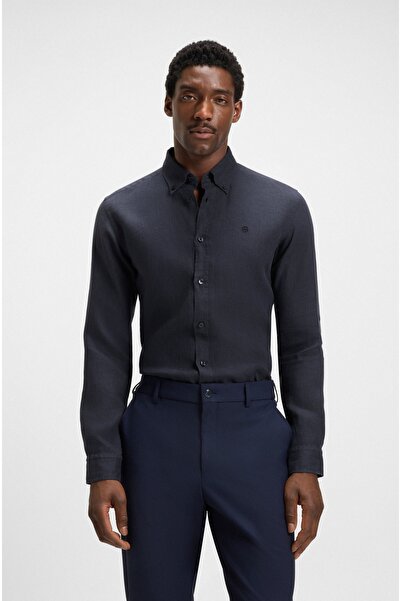 BOSS Erkek Uzun Kol İnce Ferah Düz Kumaş Düğme Kapama Gömlek Yaka Lacivert Gö...