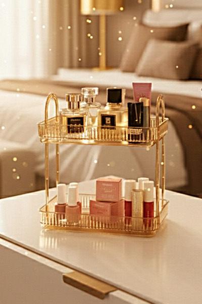 UNIQUE ME 2 Tier Makeup Organizer Cosmetic Accessory Organizer Bathroom Shelf Amber