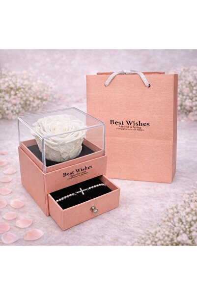 velve Trandafir criogenat in cutiuta somon, cu sertar si bratara, alb, Alb