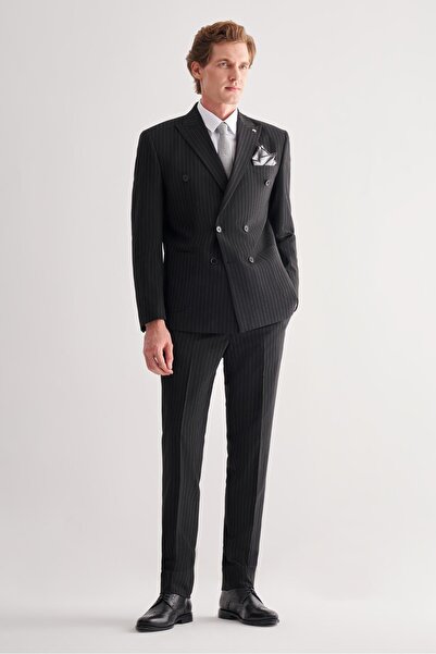 İmza Black Swallow Collar Striped Double Breasted 6 Drop Slim Fit Full Lining...