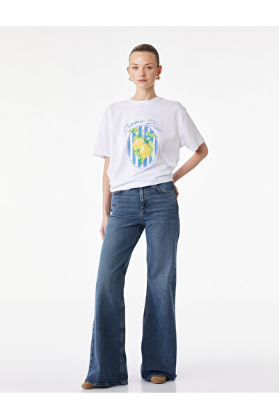 Koton Βαμβακερό μπλουζάκι με κοντό μανίκι με λαιμόκοψη λεμόνι με τύπωμα