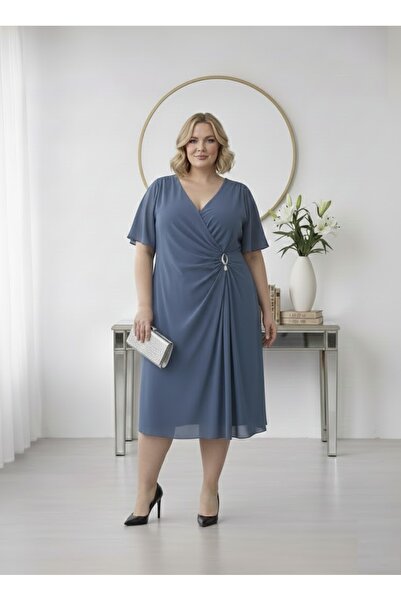 Donna Miranda Kruvaze V Yaka Midi Şifon Abiye