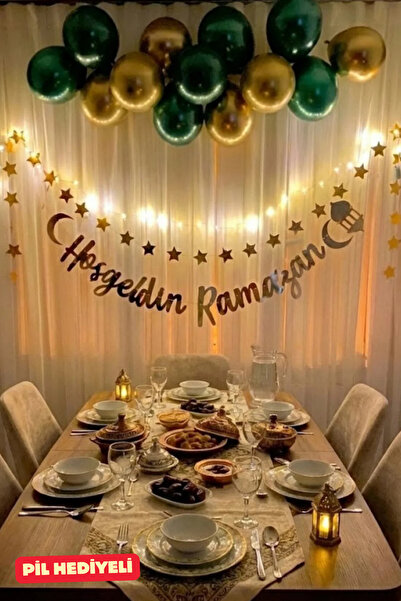 Baloncu Nene Hoşgeldin Ramazan Yazısı Yeşil Gold Metalik Balon Seti Yıldız Sü...
