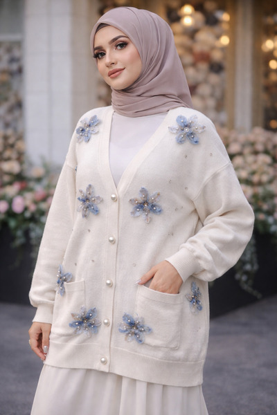 AVSARWEAR كارديجان نسائي من التول مزين بالزهور واللؤلؤ -AVSARWEAR