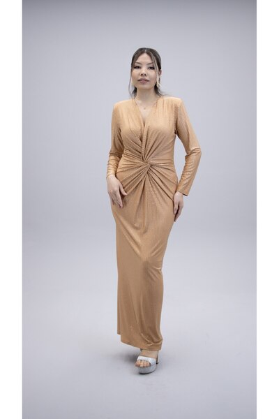 CAREZZA Starlight - Drapeli Taşlı Likralı Altın Bej Abiye