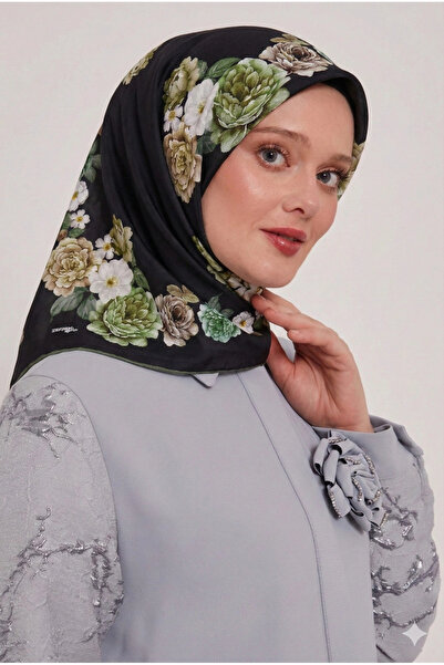 Bonjela وشاح ناعم D1 باللون الأسود الكاكي مع زهور