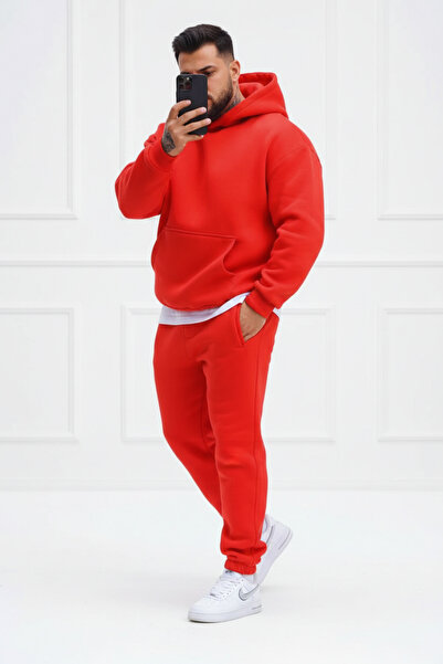 Runades Men's Soft Textured Oversized Kangaroo Pocket Hooded Tracksuit Set - ...