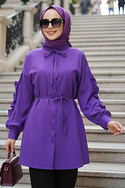 N.S NEVA STYLE Buttoned Purple Hijab Tunic 20295Mor