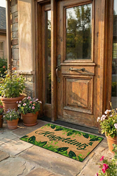 esnature Yeşil Sarmaşıklı Yaprak Desenli Hoşgeldiniz Yazılı Kapı Önü Paspası ...