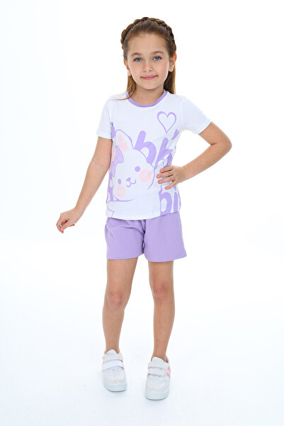 Toontoy Girl's 2-Piece Set Printed Crew Neck T-Shirt & Elastic Waist Shorts