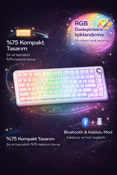 Coverzone White Switch 75% Mekanik Klavye RGB Dual Mode Bluetooth Kablolu Win...