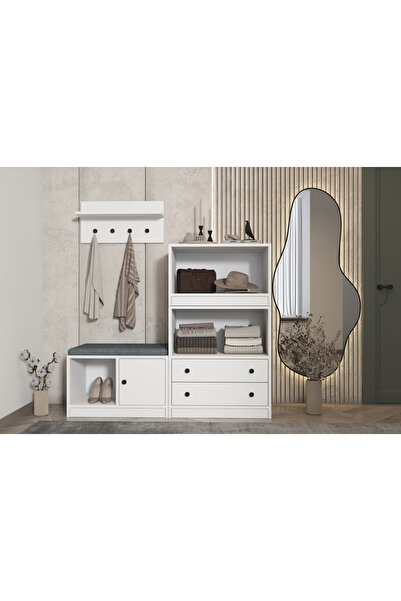 Nettrends Puflu Raflı Askılıklı Çekmeceli Beyaz Vestiyer Çıtasız 130 Cm Vst-1...