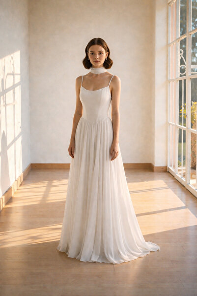 ENDAMIM Bohem Kloş Askılı Kayık Yaka Şifon Uzun Nikah Elbisesi