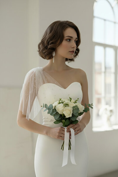 ENDAMIM Rochie de mireasă lungă, cu un singur umăr, decolteu tip inimă, cu da...