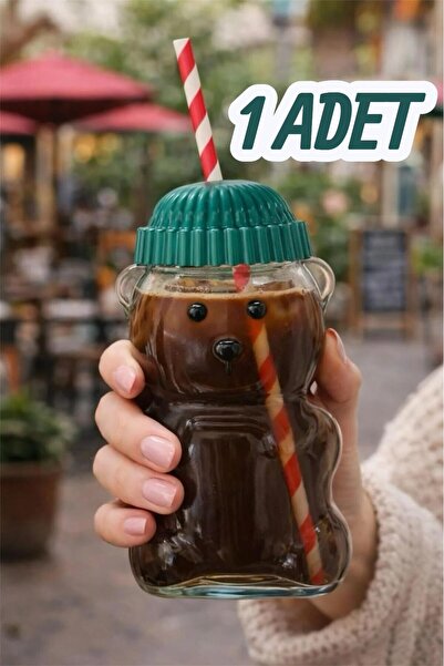 Bayev Teddy Bear Cam Barista Soğuk İçecek Bardağı Ayıcıklı Bardak 550 Ml Pipe...