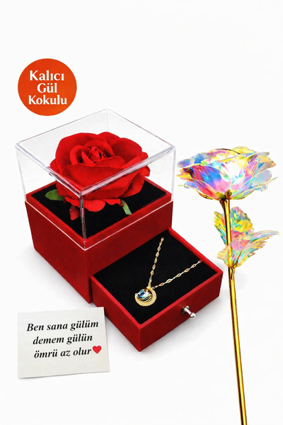 MEKKANMODA Gökyüzü Çelik Kolye Güllü Kutuda Solmaz Renkli Gül Hediyeli