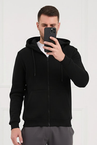 Runades Μαύρη απλή Unisex Oversize (3 ΚΛΩΣΕΙΣ) Χοντρή ζακέτα φλις