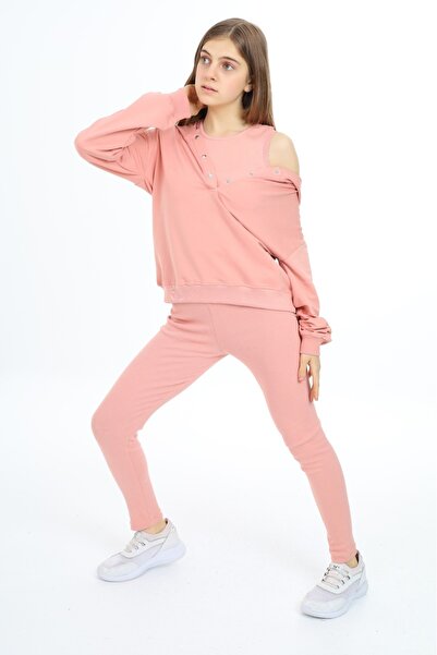 Toontoy Kız Çocuk 2'li Takım Baskılı Kapüşonlu Düşük Omuz Çıtçıtlı Sweatshirt...