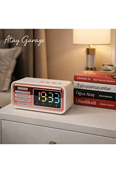 Atay Garage Retro Pembe Bluetooth Hoparlör Fm Radyo LED Dijital Masa Üstü Saat