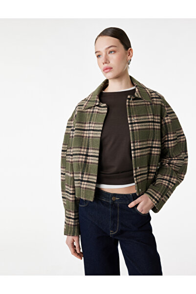 Koton Long Sleeve Pocketed Zippered Crop Plaid Bomber Jacket
