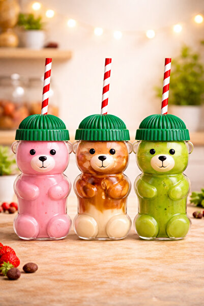 özkurt ticaret Ayıcıklı Cam Barista Soğuk İçecek Bardağı 550 ml – Yeşil Kapak...