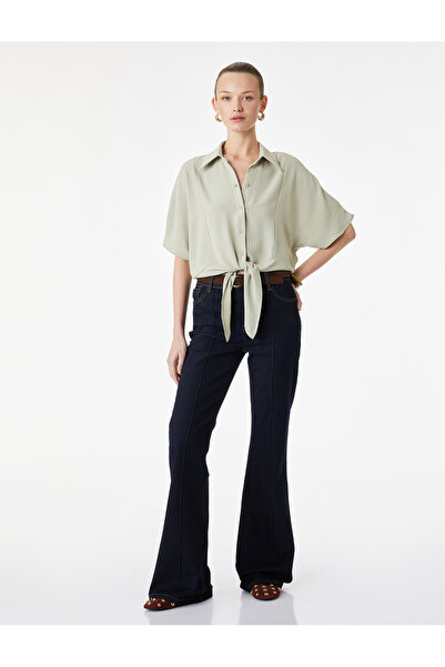 Koton Short Sleeve Classic Collar Crop Shirt with Tie Detail