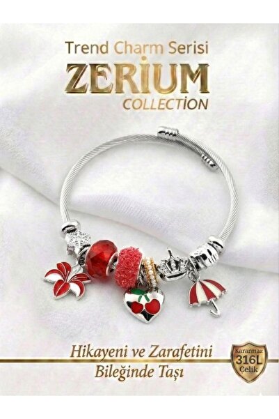 ZERİUM Modern Steel Stylish Women's Charm Steel Bracelet Umbrella Cherry Heart