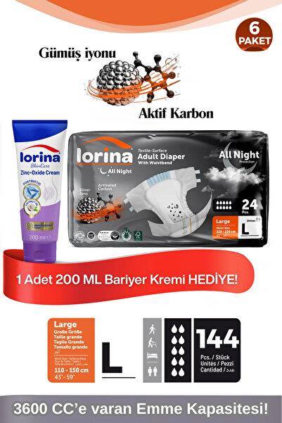 LORİNA AllNight Aktif Karbonlu&Gümüş İyonlu Bel Bantlı Hasta Bezi Large 24’lü...