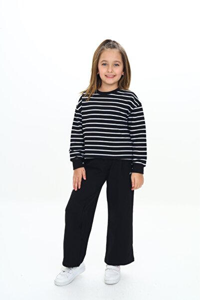 Toontoy طقم بناتي مكون من قطعتين: سترة مخططة بفتحة عنق دائرية وسروال واسع الس...