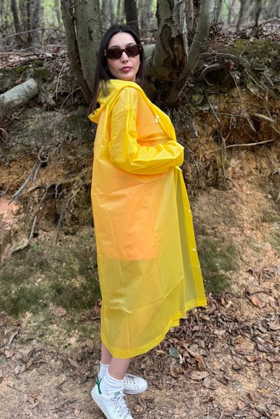 Mollycrush Unisex Water Windproof Foldable Hooded Snap Button Eva Yellow Raincoat