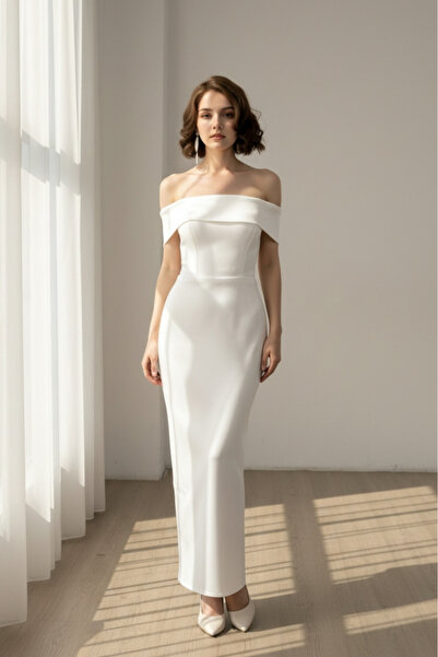 ENDAMIM فستان زفاف طويل بدون حمالات بلون أبيض فاتح شق