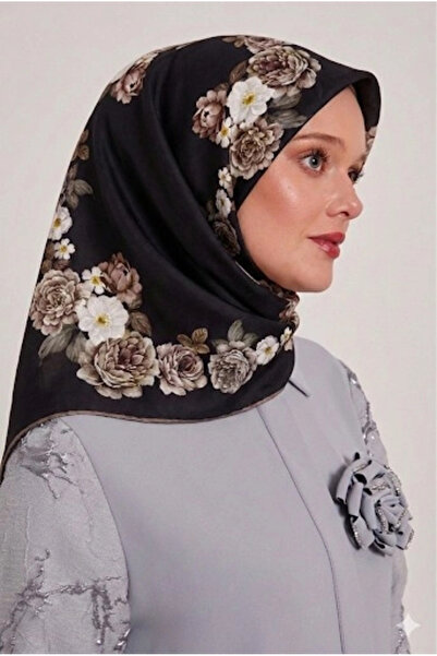 Bonjela Soft Eşarp D1 Çiçekli Siyah Vizon