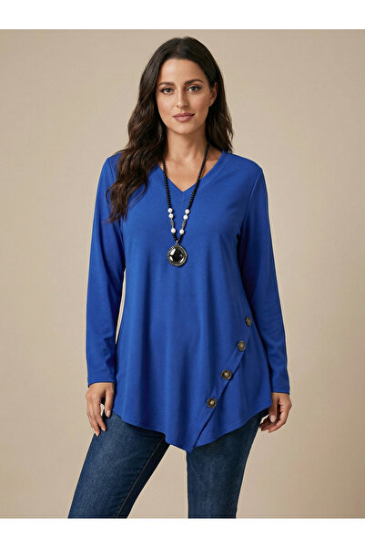 Pntekstil Asimetrik Kesim Düğme Detaylı V Yaka Dökümlü Tunik Bluz
