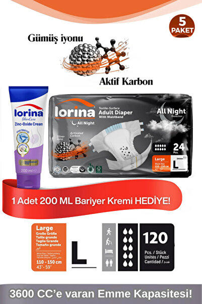 LORİNA AllNight Aktif Karbonlu&Gümüş İyonlu BelBantlı Hasta Bezi Large 24’lü ...