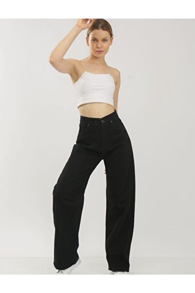 DRC trend بنطال جينز كاجوال من الليكرا أسود عالي الخصر - ساق واسعة