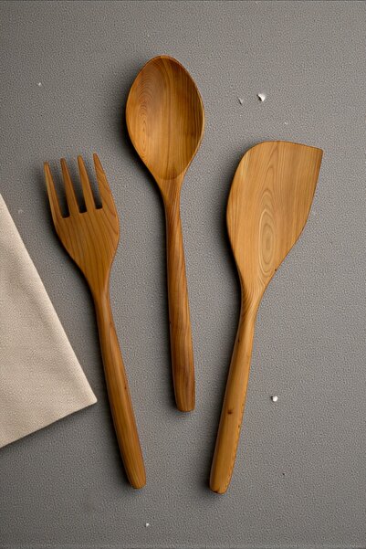 Öz ahsap Rosewood Handmade 3-Piece Wooden Spoon, Fork & Spatula Kitchen Set