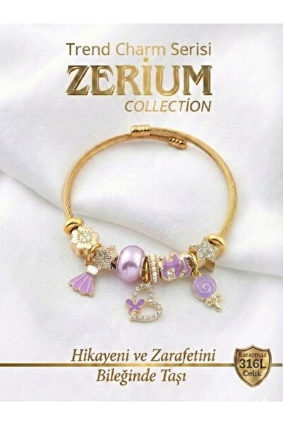 ZERİUM Modern Steel Stylish Women's Charm Steel Bracelet Heart and Lollipop Gold