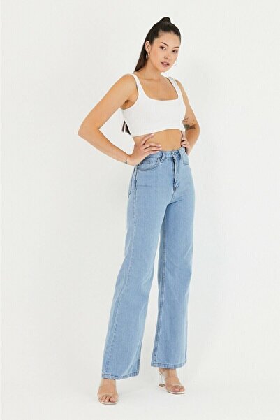 DRC trend Sour Ice Blue Power Lycra Blugi largi cu talie super înaltă Pantalo...