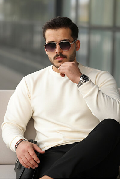 Berka Hanorac pentru bărbați din țesătură Selanik, cu guler tip crewneck, ecru