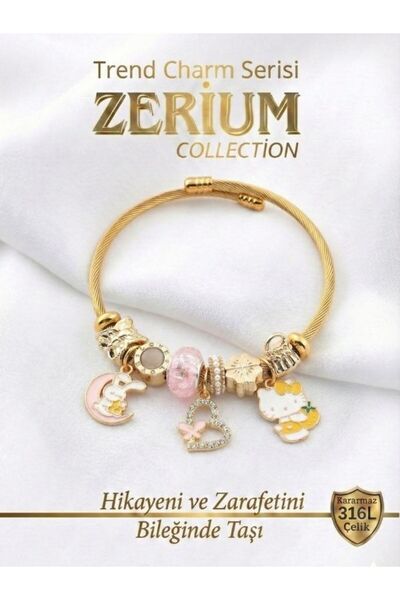 ZERİUM Modern Çelik Şık Kadın Charm Çelik Bileklik Hello Kitty Uyku Rüyası Gold